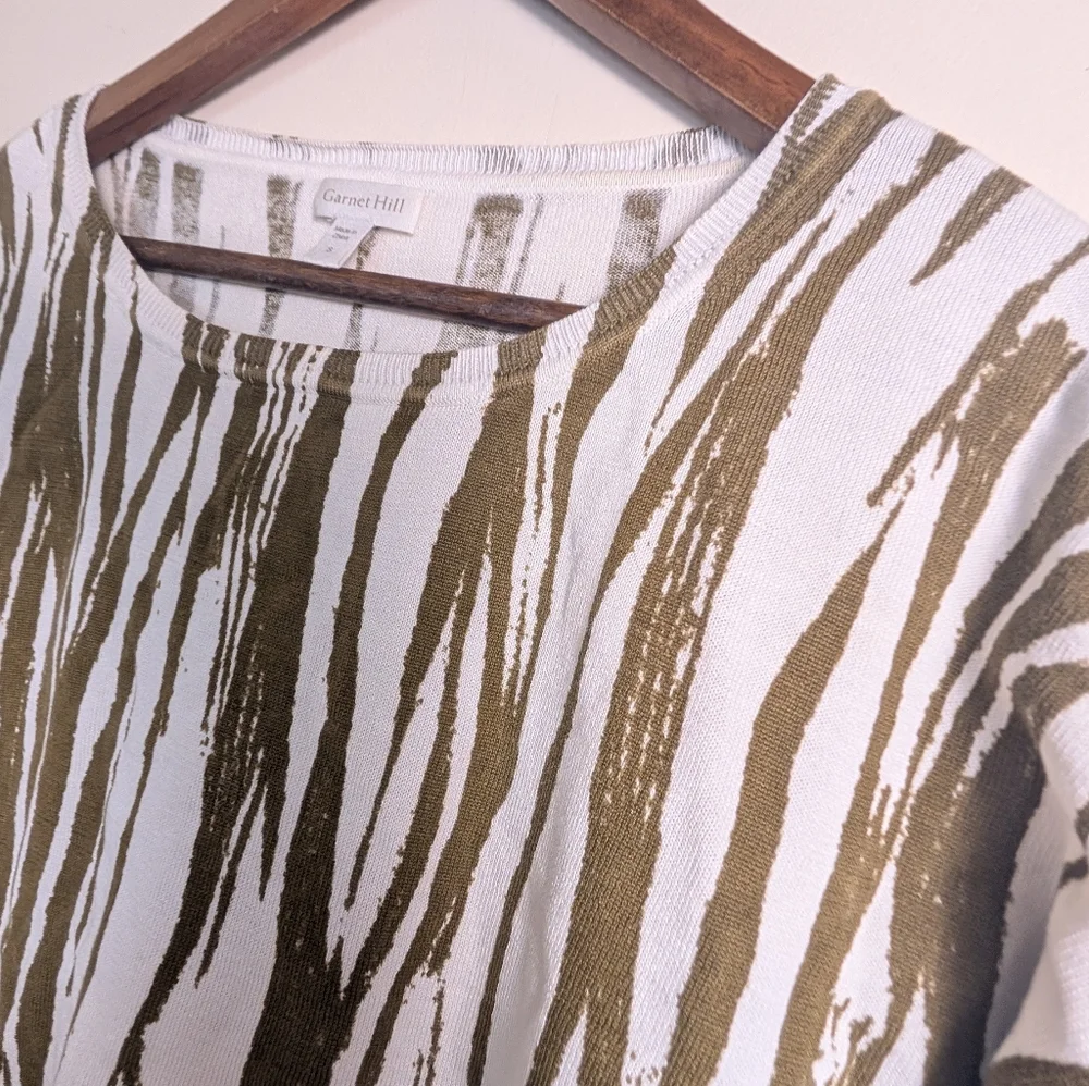 Garnett Hill Feathered Waves Brown & White Silk Cotton Knit Pullover Sweater - Picture 4 of 8